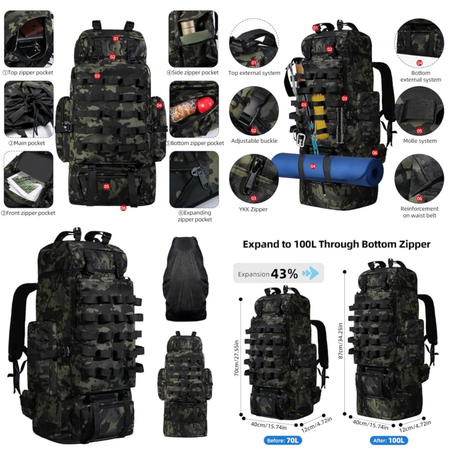 70L/100L Camping Hiking Backpa - đánh giá và giá Hiking Backpack Waterproof